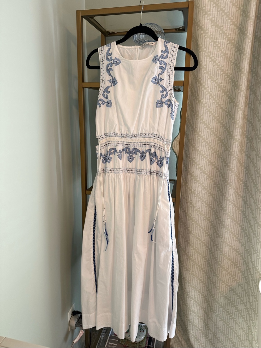 Zara White Midi Dress with Blue Embroidery